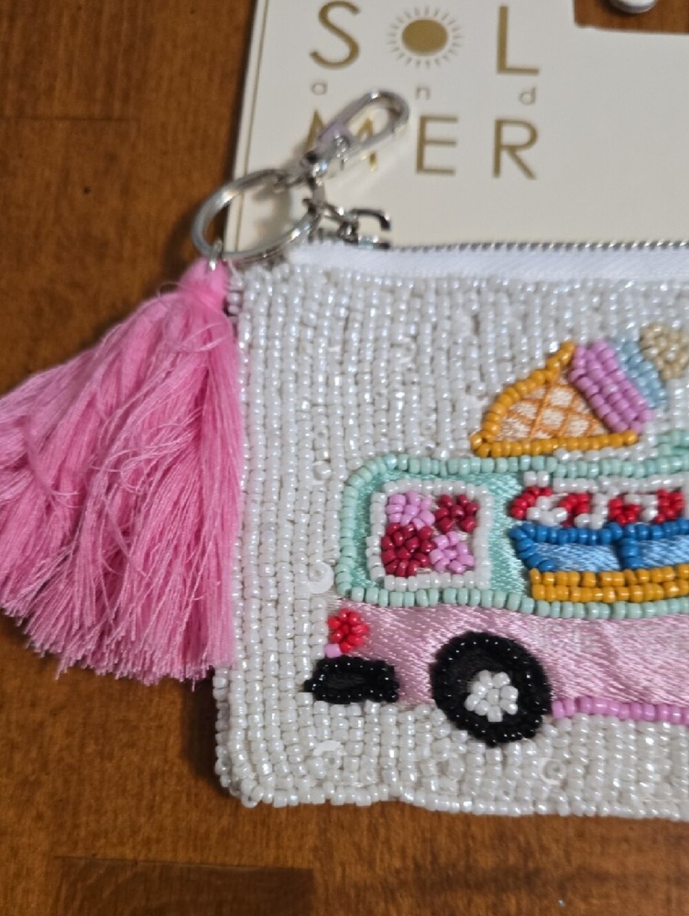White Beaded Coin Purse with Pink Tassel and Ice Cream Truck Embroidery - Picture 3 of 4